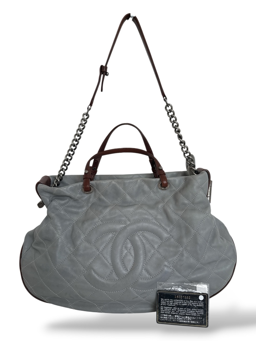 Chanel Quilted Gray Leather Tote with Chain Strap and Brown Leather Trim